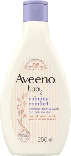Aveeno Baby Calming Comfort Bedtime Bath and Wash (1 x 250ml), Tear-Free and Soap-Free Baby Wash with Gentle Lavender & Vanilla Scent, Gently Cleanses Skin Before Bedtime, for Delicate Skin