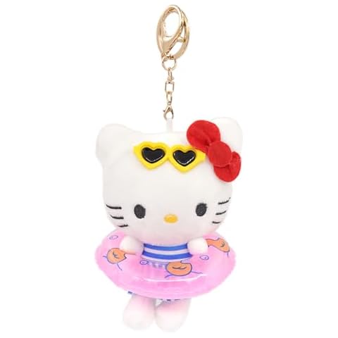Miokkley Hello Plush Kitty Keychain Vocation Style with Swim Ring & Sunglasses 5” Inch Stuffed Plushie Doll Backpack Decorations Bag Cover
