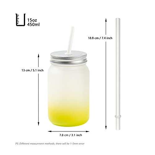 Sublifun 4 Pack Frosted Sublimation Glass Mason Jars Lemon Yellow 15 Oz 450 Ml Regular Wide Mouth Mugs Cups With Lid And Straw For Tumbler Heat Press #TOP1