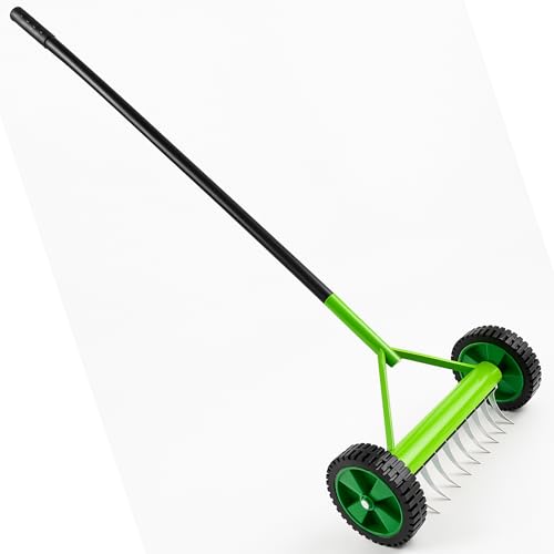 Finetree Heavy Duty Lawn Aerator Scarifier Rake - Spike Aerator for Thicker, Greener Lawns - Manual Hand Push Design - Easy to Use and Assemble