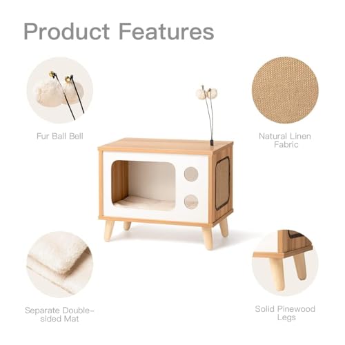 Cat House Wooden Condo Cat Bed Indoor TV-Shaped Sturdy Large Luxury Cat Shelter Furniture with Cushion Cat Scratcher Bell Ball Toys