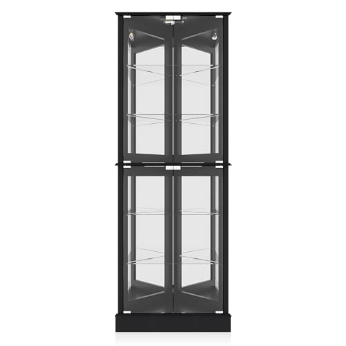 BELLEZE Lighted Corner Display Curio Cabinet Wooden Shelving Unit with Tempered Glass Door, Bar and Liquor Storage Area with 6 Shelves - Woody (Black)