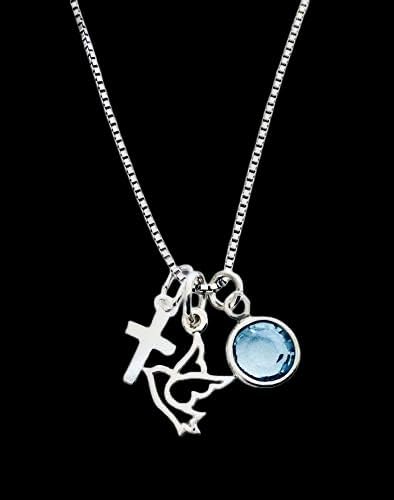 Sterling Silver Holy Spirit Necklace with Cross and Birthstone, Personalized Tiny Charm Necklace, Sterling Chain 16 18 or 20 Inch, Confirmation or Baptism Gift - Image 3