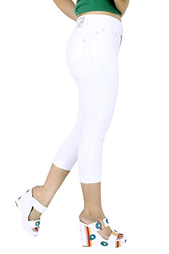 Image of FCK-3 Stretchable Denim Solid Mid Waist Knee Length Button Closure 5 Pocket Capree for Women
