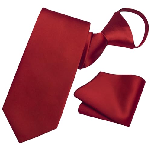 Image of YourTies Zipper Tie for Men Adjustable Pre-tied Satin Neckties and Pocket Square Set Solid Color Business Formal Wedding