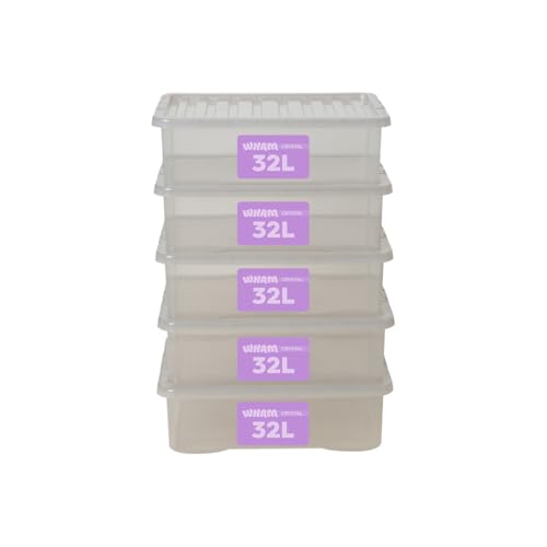 Image of Wham Crystal Plastic Storage Boxes With Lids Home Office Stackable Nestable Container Box, 32L Easy fit Underbed Protective Storage Box, 60 x 40 x 18 cm - Tint Grey (Set of 5)