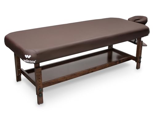 QUIRUMED WELLCORE Table de Massage Fixe en Bois avec Appui-Tête, 185-212 x 76 cm, Hauteur Réglable, Rembourrage 14 cm, avec Étagère Inférieure, Marron