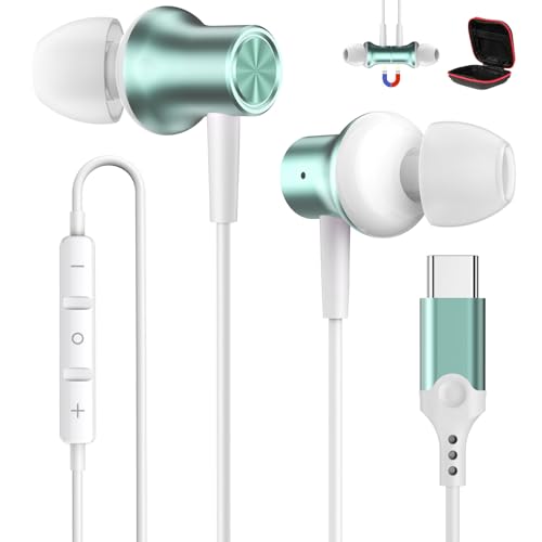 Auriculares USB C para iPhone 16e 15, Tipo C Auriculares con micrófonos, In Ear Cancelacion Ruido con Micrófono y Control de Volumen para Galaxy S25 Edge A16 A36 A56 S24 Pixel 9 8a One plus 13 12 cian
