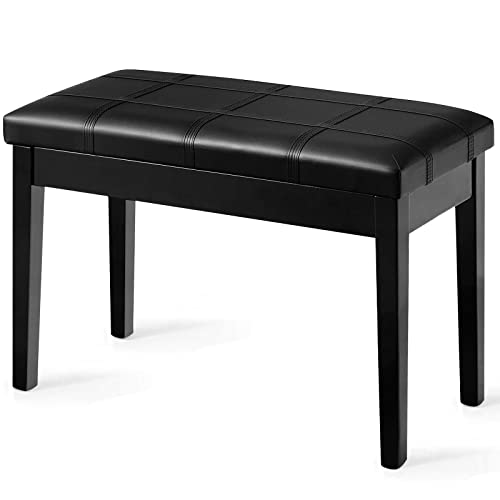 GYMAX Sgabello Panca per Pianoforte Tastiera, Panchetta in Pelle PU, Ampio Scomparto per Libri, Cuscinetto Sedile Imbottito, Gambe Legno Massiccio, Moderno ed Elegante (1, Black)