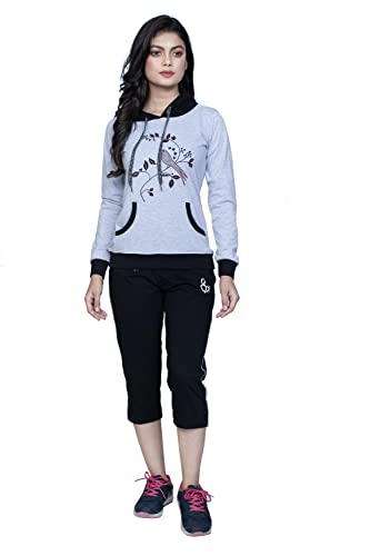 Image of Women's Embroidered /Printed Cotton Hooded Full Sleeve Grey Top and Black Capri Set (Medium)