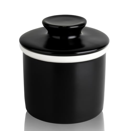 Sweese French Butter Dish with Lid - Butter Crock for Counter with Water Line for Spreadable Butter - No More Hard Butter - Matte Finish Black