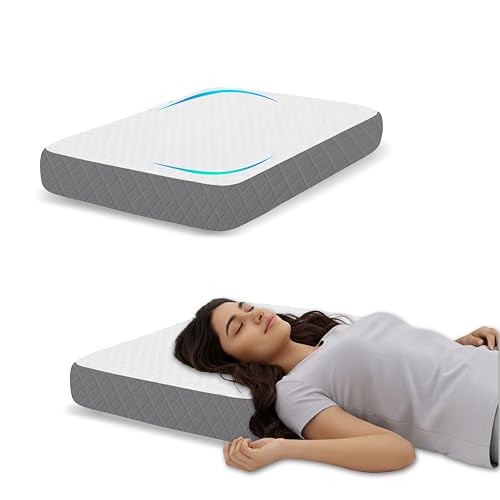 Image of Shredded Memory Foam Pillow, 60x38x10 cm High Density Orthopedic Support for Neck Relief, White /Gray Geometric Jacquard Case, Aligned Spine Bedding for Side and Back Sleeper