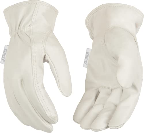Kinco, 92W-M, Women's White Premium Grain Goatskin Leather Glove - Durable, Comfortable Out-Seam, Safety Easy-On Cuff, Anti Fatigue Design - Ideal for Gardening, Farm, Ranch, DIY, Landscaping, Medium