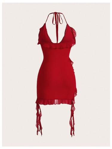 SOLY HUX Women's Halter Ruffle Cami Mini Dresses Bodycon Backless Club Party Dress2