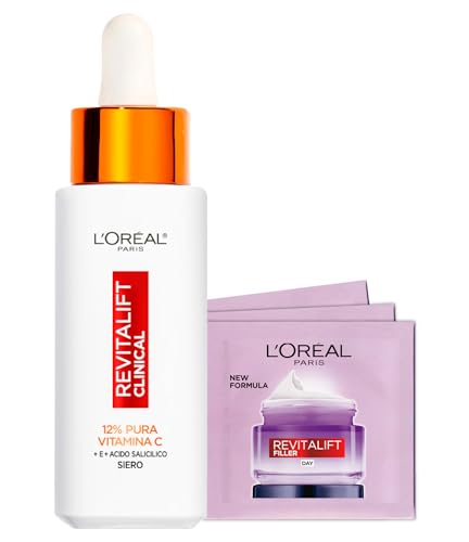 L'Oréal Paris Revitalift Clinical Anti-Aging Gesichtsserum mit 12% reinem Vitamin C Salicylsäure und Vitamin E 30ml + Revitalift Filler Anti-Aging Tagescreme Bundle Routine - Set mit 4
