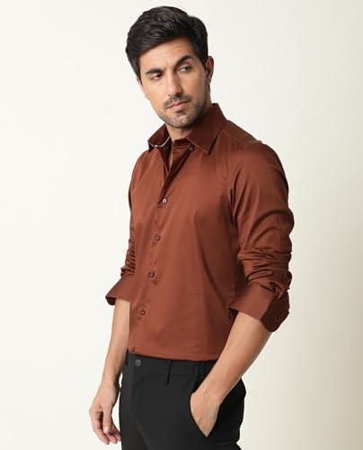 Image of Rare Rabbit Men Regular Fit Solid Beige Satin Long Sleeve Button Shirt