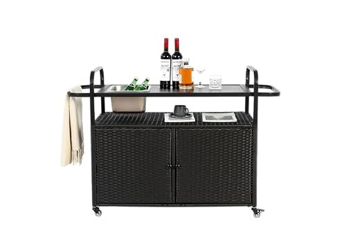 Outdoor Bar Cart - Wicker Serving Cart with Storage Cabinet, Steel Top, Ice Bucket, Lockable Wheels & Side Basket for Garden, Pool & Patio - Black