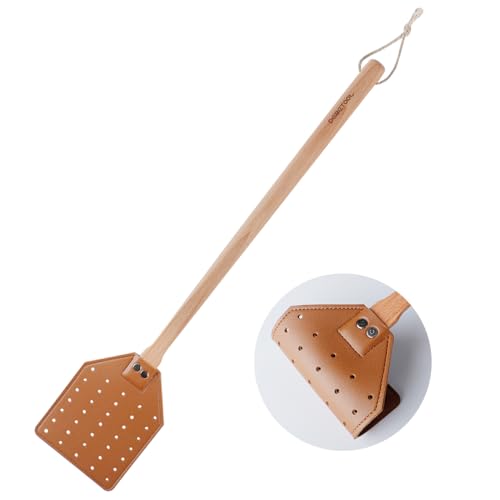 DEBETOOL Tapette à mouches manuelle en cuir robuste avec poignée en bois, tapette à mouches en cuir durable pour l'intérieur et l'extérieur (marron)