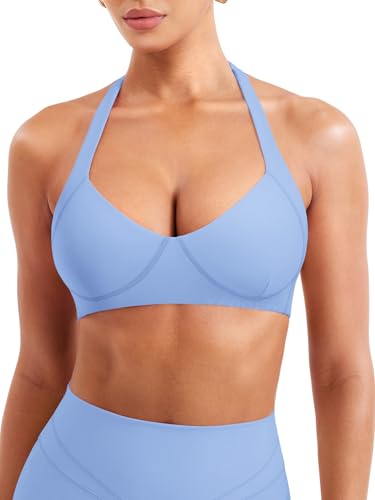 Image of YEOREO Women Halter Sports Bra Light Support V Neck Padded Strappy Open Back Workout Gym Tops