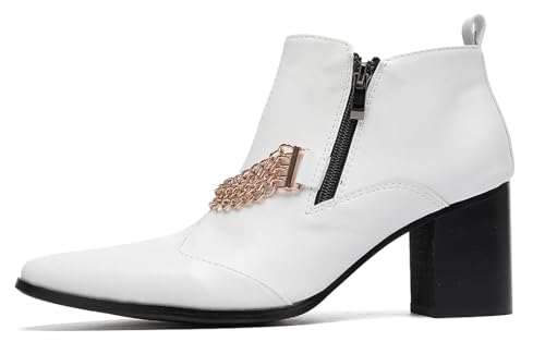 Santimon Men’s Leather Chelsea Ankle Boots with Chain – Pointed Toe Zip Block Heel Dress Boots, Punk Western Cowboy Boots for Party, Streetwear & Stage2