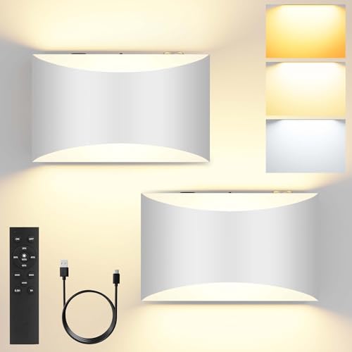 Image of FOLKSMATE Battery Operated Wall Sconces Set of 2, White Rechargeable Remote & Touch Wall Lamps, 3 Color Temperatures, Dimmable Lamp for Bedroom, Living Room, Hallway