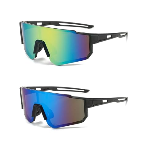 Bipl 2 Stück Sport Sonnenbrille, Fahrradbrille Winddicht, Schnelle Brille Rave, Ultraleichte Mode Sunglasses, Schnelle Brille Herren, für Herren Damen UV400 Schutz für Outdooraktivitäten (Blau Gelb)