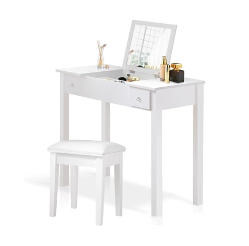 CALEBY Tocador con Espejo Plegable y Taburete Acolchado, Juego de tocador, tocador pequeño, Estilo Moderno (Color: Blanco B)