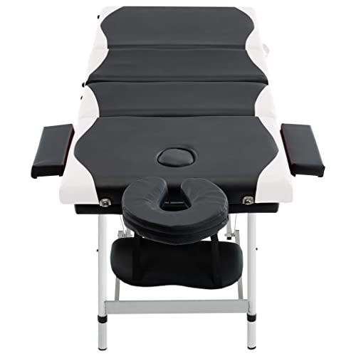 Camilla de masaje plegable, estructura de aluminio de 4 zonas, color negro y blanco, altura regulable 59-81 cm, plegable con reposacabezas, reposabrazos, bolsa de transporte, ergonómica, estable para
