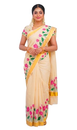 Image of Women's Mural Printed Kerala Gold Tissue Saree with Running Blouse Piece | Traditional South Indian Ethnic Saree for Festivals, Weddings & Special Occasions
