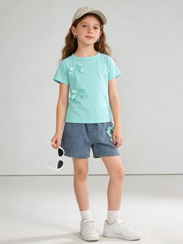 Image of Azmxynol Kid Girls Clothes Outfits Bowknot T-Shirt + 2 In 1 Denim Short Skort Summer Clothing Set, Size 4-10 Years