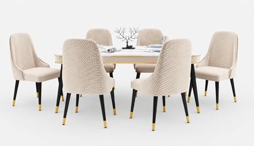 Image of WOODEN SPACE 6-Seater Wooden Dining Table Set | Nano Composite Marble Top | Solid Wood Base | Modern Dining Room Furniture with 6 Chairs (Beige Modern Vento)