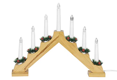 hellum Schwibbogen Weihnachten, 39,5x30cm, Lichterbogen Weihnachten mit Strom und Schalter, Schwibbogen mit 7 Filament Kerzen (+2 Ersatz), Fensterbeleuchtung für Innen, 660586
