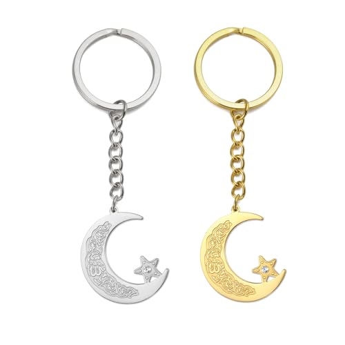 EUEAVAN Porte-clés islamique Ayatul Kursi Porte-clés musulman Croissant de lune et étoile calligraphie arabe Amulette Allah Bijoux (argent+or)