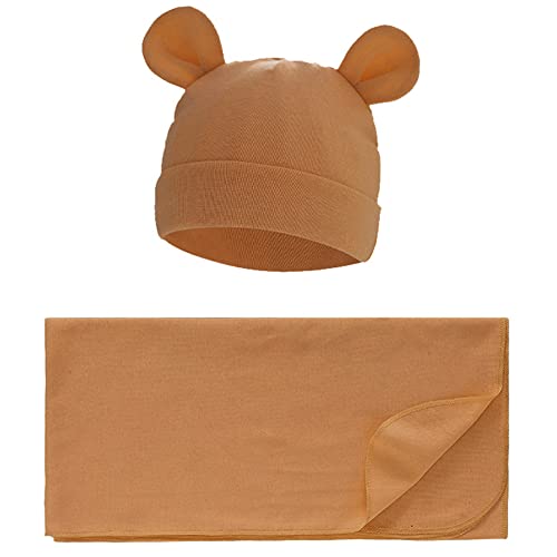Image of Exemaba Unisex Baby Swaddle Blanket with Hat Set Newborn Swaddle Receiving Blankets Sleep Sack for 0-3 Months Boys Girls(Camel)