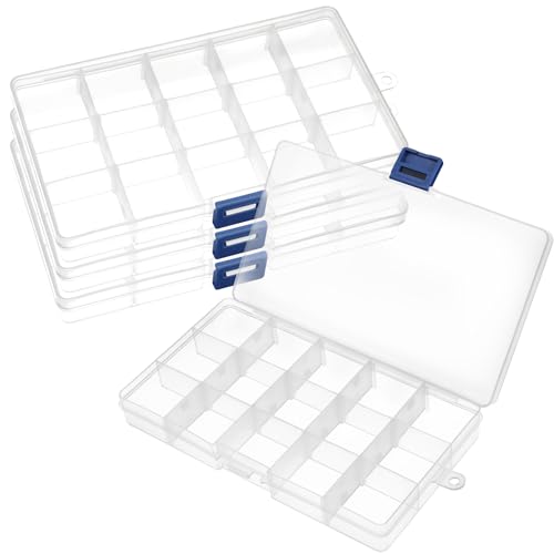 RISVOWO 4 Piezas Transparente Cajas Almacenaje Plastico, Almacenaje con 15 compartimentos, Caja Clasificadora y Ajustable para Artículo Pequeño, Pendientes, Anillos, Cuentas