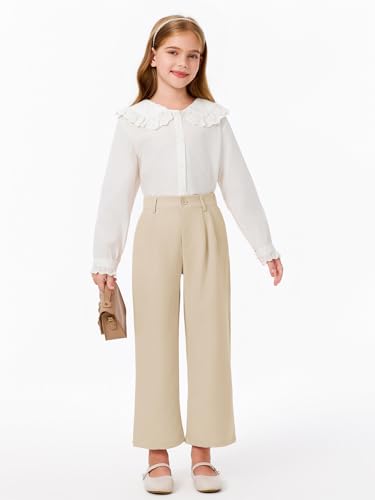 Image of Haloumoning Girls Uniform Pants Kids High Waisted Wide Leg Dress Pants Casual Trousers with Pockets 5-14 Years