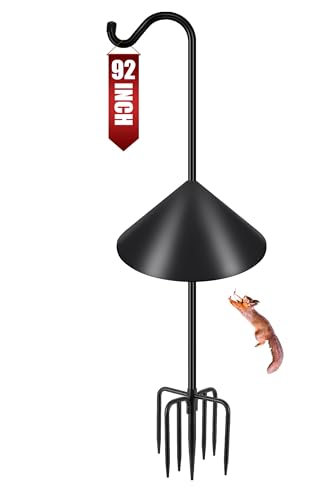 Gtongoko Bird Feeder Pole Squirrel Proof 92 Inch Shepherds Hook for Outdoor with Squirrel Baffles Adjustable Heavy Duty with 7 Prongs Base for Hanging Plants, Bird Feeders, Black