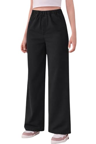 Image of ADBUCKS Girl's Stretch Denim Wide Leg Jeans Comfort Fit with Elastic Waistband, Straight Cut, Casual Style for All Seasons, Versatile Clothing
