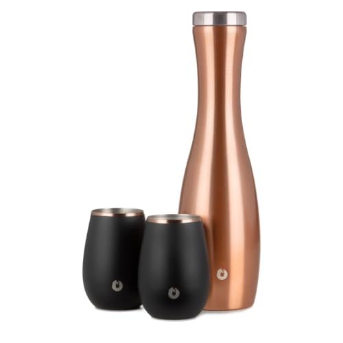 Snowfox Wine Carafe and Glass Set, Insulated Stainless Steel Carafe and Set of 2 Matching Wine Glasses, Black/Gold
