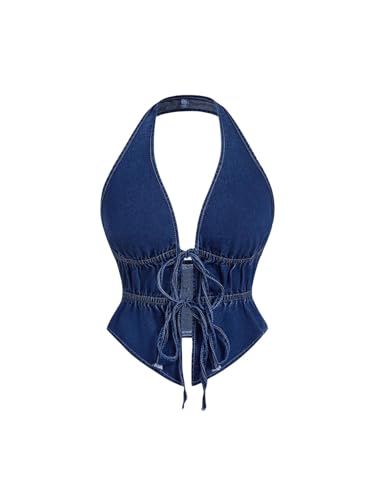OYOANGLE Women's Vintage Tie Front Cut Out Denim Halter Tops Open Back Crop Jean Vest Streetwear