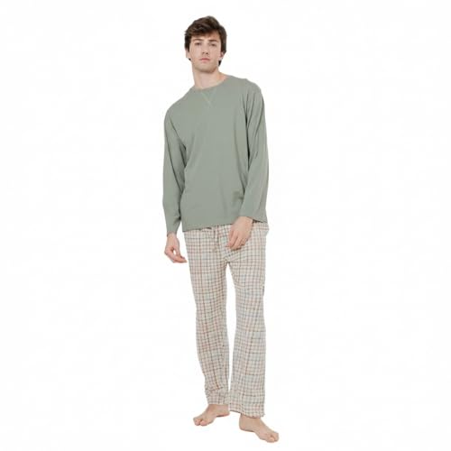 TRAMAS+ Pijama de Hombre Largo,100% Algodón, con Manga Larga y Pantalón Largo, Conjunto de Ropa para Dormir Entretiempo   L, Cuadro Danke Verde Cacería