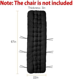 KOCASO 67x22x3in Chaise Lounger Cushion Bench Patio Recliner Rocking Chair Sofa Mat Deck Chair Cushion Indoor Outdoor Furniture Pat with 6 Ties & 1 Non-Slip Top Cover, Black (Only A Cushion)