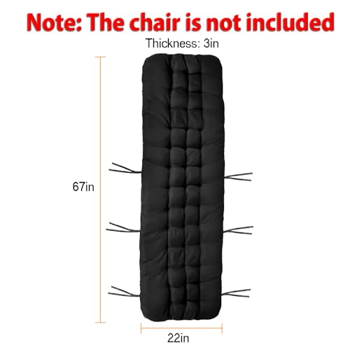 KOCASO 67x22x3in Chaise Lounger Cushion Bench Patio Recliner Rocking Chair Sofa Mat Deck Chair Cushion Indoor Outdoor Furniture Pat with 6 Ties & 1 Non-Slip Top Cover, Black (Only A Cushion)