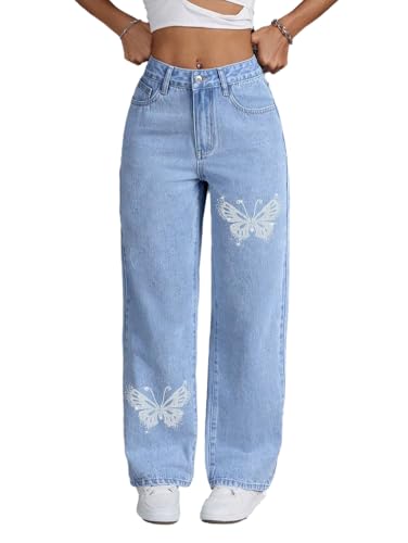Women's Sparkle Rhinestones Butterfly Wide Leg Jeans High Waisted Trendy Y2K Straight Leg Jeans