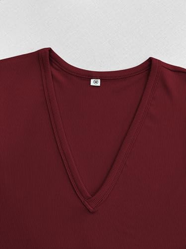 Image of Albe Rita Women Short Sleeve T-Shirt Cap V Neck Shirts for Women Ribbed Casual Top Knit Slim Fit for Summer