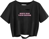 Avanova Women Funny Graphic Distressed Crop Top Oversized Short Sleeve Ripped Tee Shirt Black Honor Medium