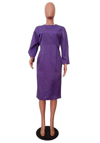 Women's Long Sleeve Bodycon Midi Dress Casual Solid Color Crew Neck Wrap Back Slit Cocktail Party Pencil Dresses3