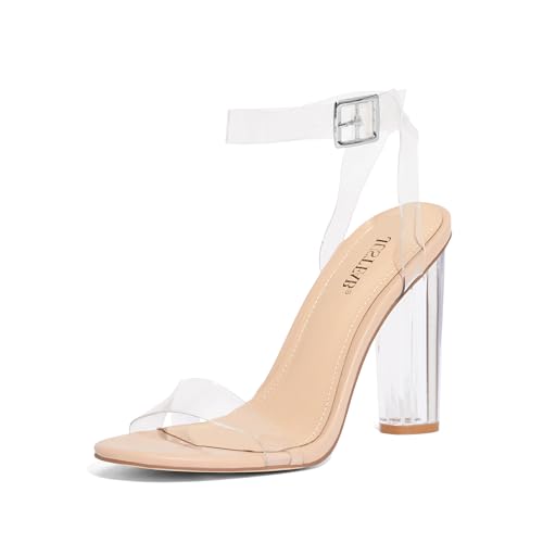 Image of JustFab Clear Heels for Women 4 Inches Chunky Heels Sandals for Women Comfy Open Toe Block Heeled Sandals Ankle Strappy Heels for 2026