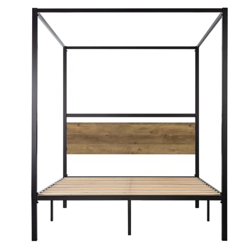 Sha Cerlin Full Size Metal Canopy Bed Frame With Wooden Headboard, 4-Poster Platform Bed With Wood Slats Support/ No Box Spring Needed/ Easy Assembly/ Light Brown #TOP7