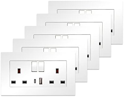 5 Pack CNBINGO Double Switched Power Socket with Dual USB Charging Ports (Type A and C), Black 13 Amp Electric Wall Socket